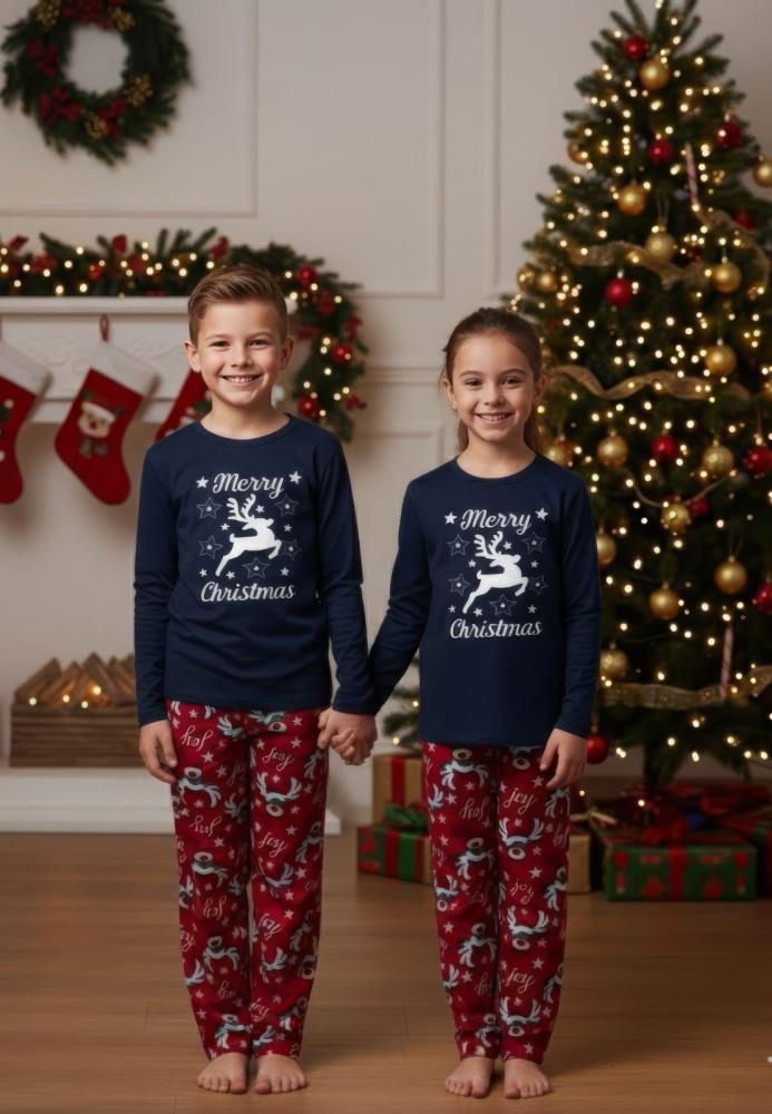 Pijamale de Craciun de copii,cu maneci si pantaloni lungi ,imprimeu ren ,En-gros